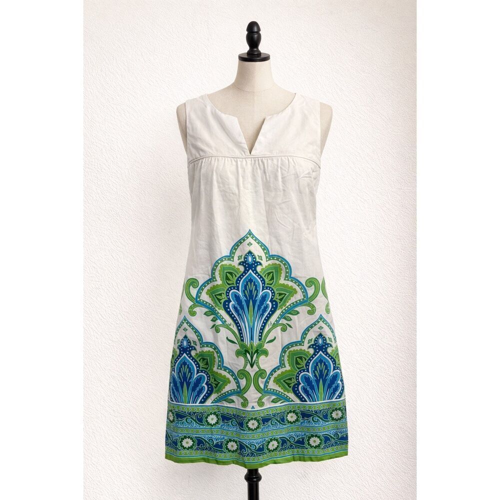 London Times Petites Printed Shift Dress White Blue Green Sleeveless Size 12P - Picture 1 of 4